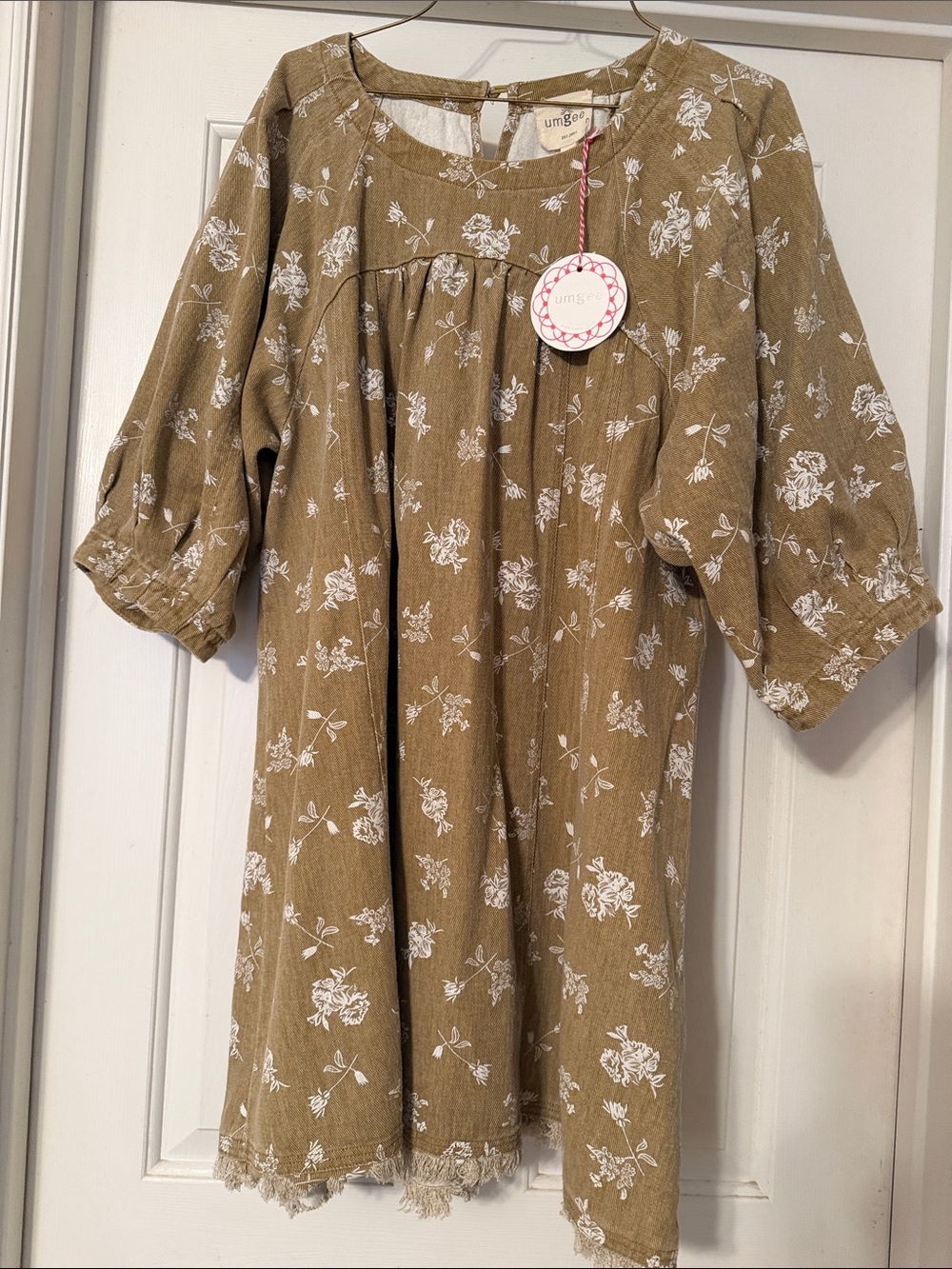 Umgee Khaki Denim Floral Lace-Trim Dress